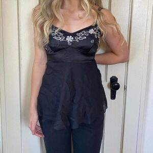 Charlotte Russe vintage 90s y2k black baby doll blouse silk tank top